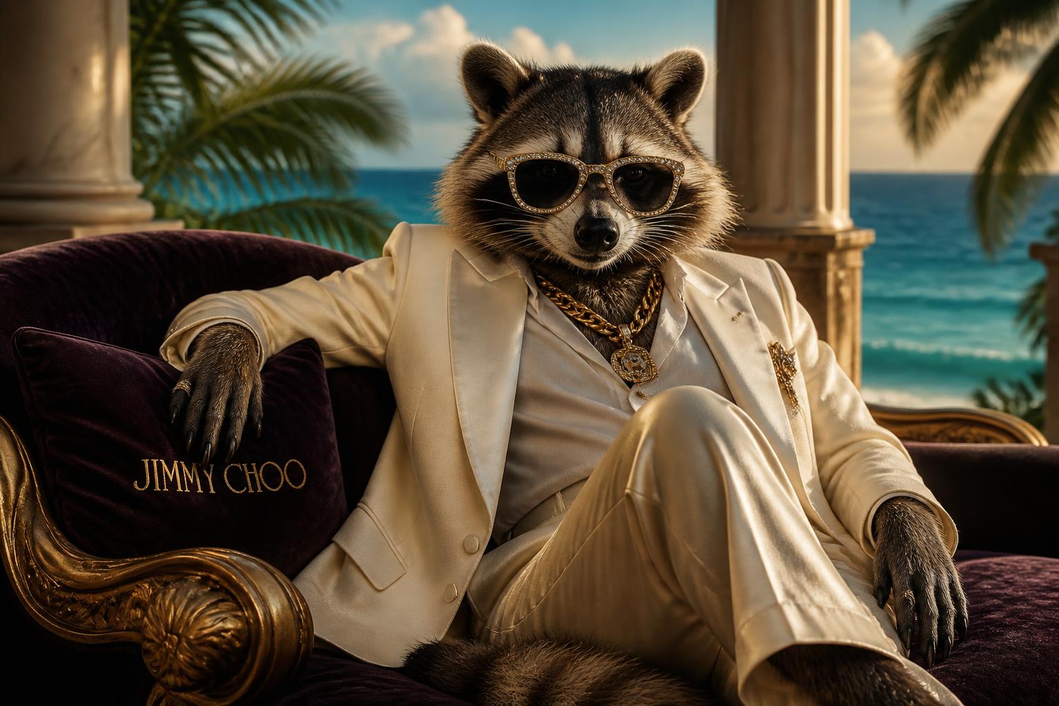Jimothy Choo, luxury raccoon in cream Jimmy Choo tuxedo on tropical velvet chaise