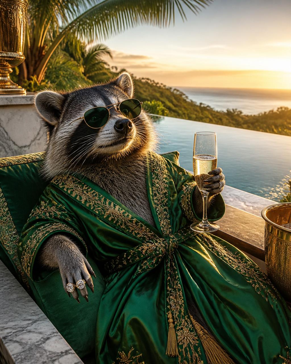 Jimothy in emerald silk robe by infinity pool